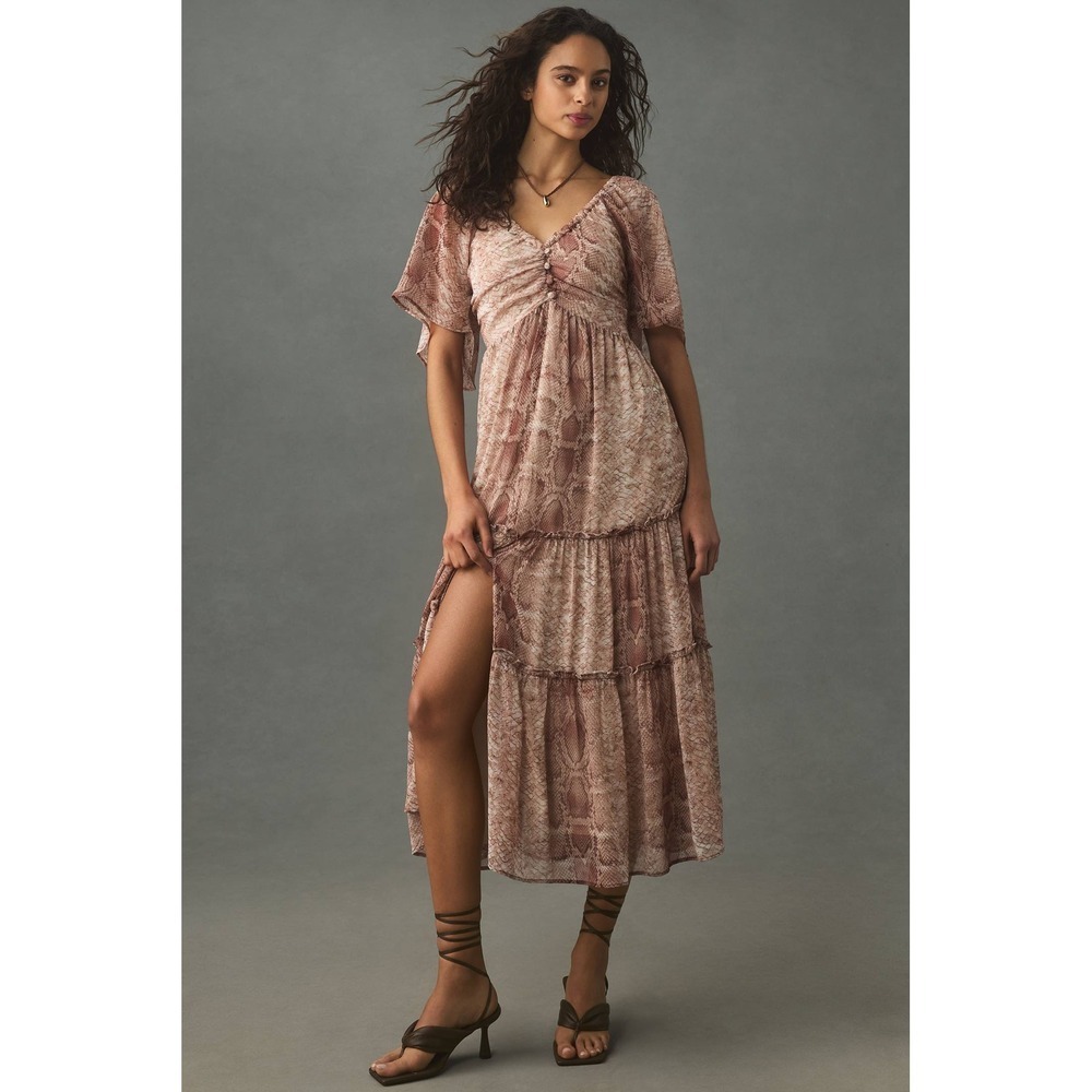 NWT Anthropologie Somerset Maxi Dress M Neutral Pink Snakeskin Flutter‎ Sleeve
